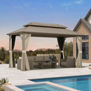 PURPLE LEAF Deck Gazebo Champagne Hardtop Metal Frame Double Roof with Curtains and Netting