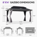 PURPLE LEAF Modern Gazebo Grey Hardtop Galvanized Steel Double Roof White Aluminum Poles with Curtains and Netting with Lights-milky