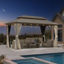 PURPLE LEAF Deck Gazebo Champagne Hardtop Metal Frame Double Roof with Curtains and Netting with Lights-clear