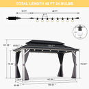 PURPLE LEAF Modern Gazebo Grey Hardtop Galvanized Steel Double Roof White Aluminum Poles with Curtains and Netting with Lights-milky