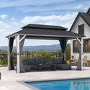 PURPLE LEAF Modern Gazebo Grey Hardtop Galvanized Steel Double Roof White Aluminum Poles with Curtains and Netting