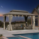 PURPLE LEAF Deck Gazebo Champagne Hardtop Metal Frame Double Roof with Curtains and Netting with Lights-milky