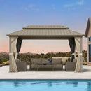 PURPLE LEAF Deck Gazebo Champagne Hardtop Metal Frame Double Roof with Curtains and Netting