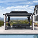 PURPLE LEAF Modern Gazebo Grey Hardtop Galvanized Steel Double Roof White Aluminum Poles with Curtains and Netting with Lights-milky