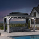 PURPLE LEAF Modern Gazebo Grey Hardtop Galvanized Steel Double Roof White Aluminum Poles with Curtains and Netting with Lights-milky