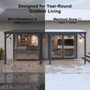 PURPLE LEAF Lean to Gazebo Metal Roof Patio Cover Built-in Drain Slots Wall Mounted Gazebo with Lights-clear for Outdoor Extension
