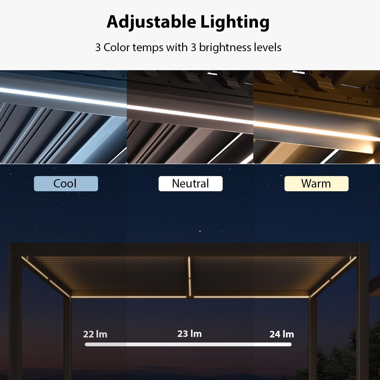 Solar Louvered Pergola with LED | Adjustable Aluminum Roof