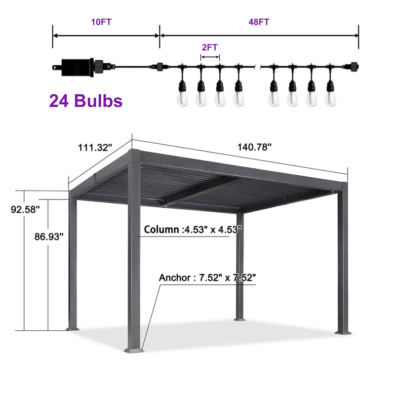 PURPLE LEAF Louvered Pergola with String Lights Patio Aluminum Pergola with Independent Adjustable Rainproof Roof Hardtop Pergola for Outdoor Deck Garden Yard