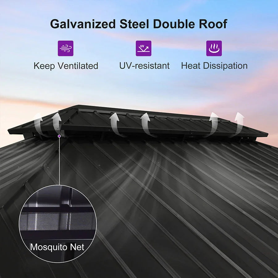 Double-Roof Metal Gazebo | Wood-Grain Aluminum Frame