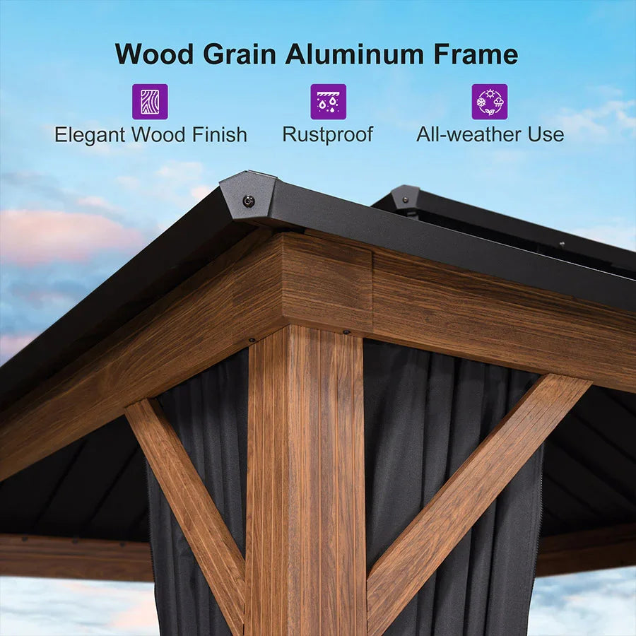 Double-Roof Metal Gazebo | Wood-Grain Aluminum Frame