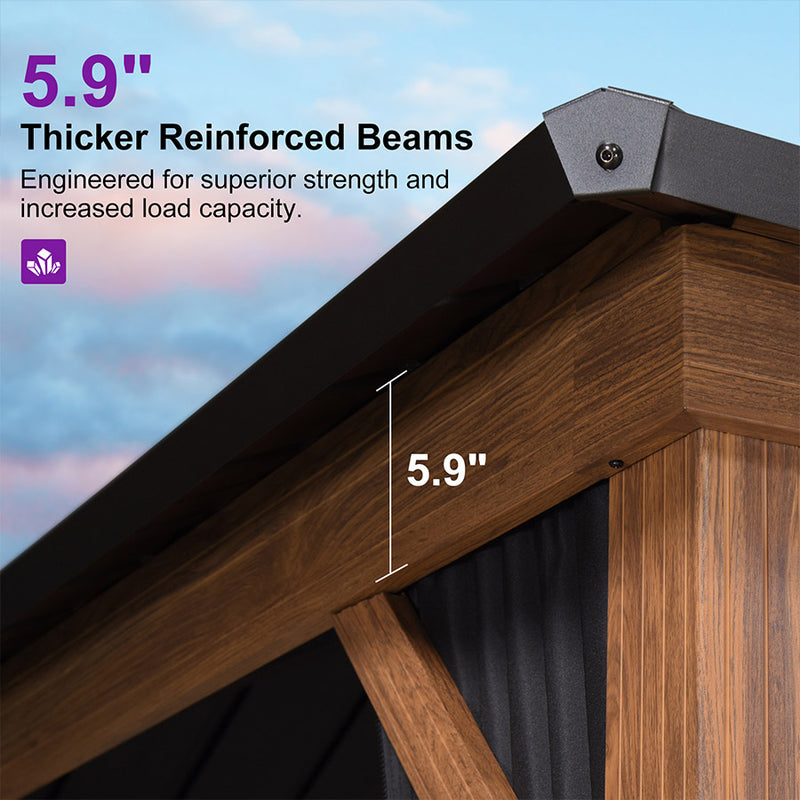 PURPLE LEAF Metal Gazebo Double Roof Wood Grain Aluminum Frame with Curtains and Netting with Lights-milky