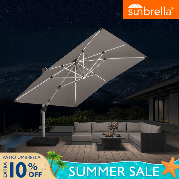 PURPLE LEAF SUNBRELLA Umbrella With Solar Lights, 10x10FT Outdoor Patio Umbrella, Cast Ash