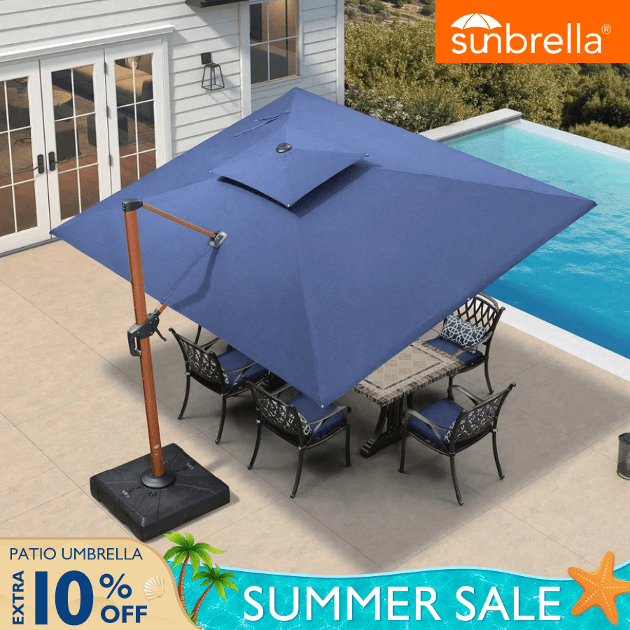9×12 ft Sunbrella Umbrella, Large Wood Pattern Rectangular Patio Umbrella, Cast Ash