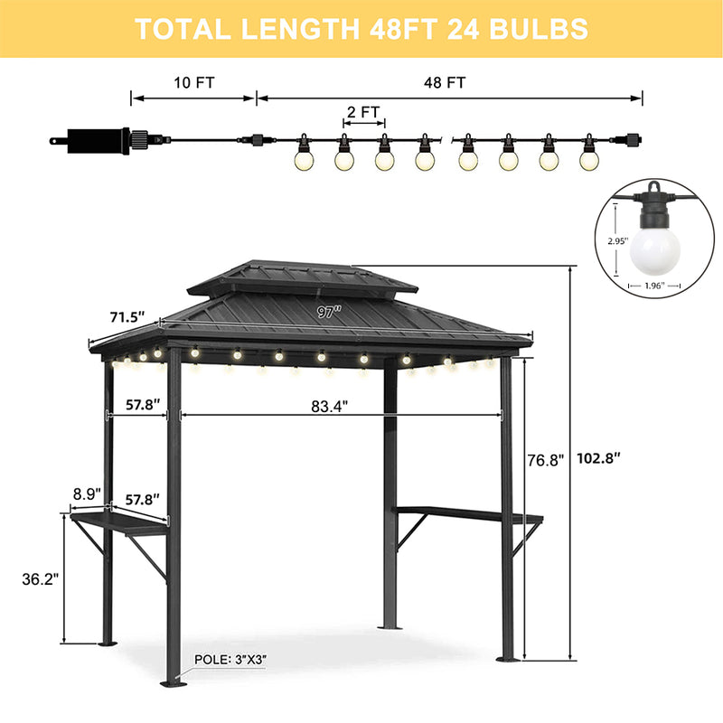 PURPLE LEAF Hardtop Grill Gazebo for Patio Grey Permanent Metal Roof Outside Sun Shade Outdoor BBQ Canopy with String Lights