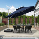 PURPLE LEAF 10x10ft navy blue cantilever pool umbrella over outdoor dining set.