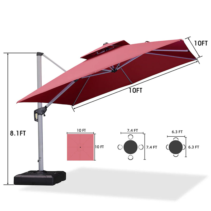 PURPLE LEAF Large Square Patio Cantilever Umbrella With Base for Garden Pool Porch