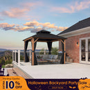 PURPLE LEAF Metal Gazebo Double Roof Wood Grain Aluminum Frame with Curtains and Netting