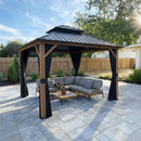 PURPLE LEAF Metal Gazebo Double Roof Wood Grain Aluminum Frame with Curtains and Netting with Lights-milky