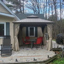 PURPLE LEAF Deck Gazebo Champagne Hardtop Metal Frame Double Roof with Curtains and Netting with Lights-milky