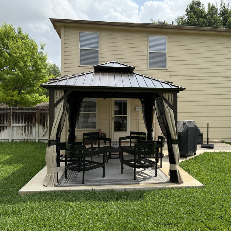PURPLE LEAF Outdoor Hardtop Gazebo Bronze Metal Frame Galvanized Steel Double Roof with Lights-milky
