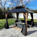 PURPLE LEAF Metal Gazebo Double Roof Wood Grain Aluminum Frame with Curtains and Netting with Lights-milky
