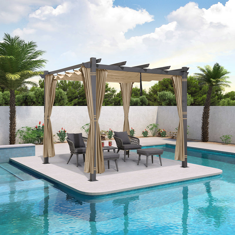 PURPLE LEAF Outdoor Pergola with Retractable Canopy Aluminum Shelter for Beach Porch Garden  Shade Pavilion Pergola  with Curtains