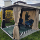 PURPLE LEAF Deck Gazebo Champagne Hardtop Metal Frame Double Roof with Curtains and Netting with Lights-clear