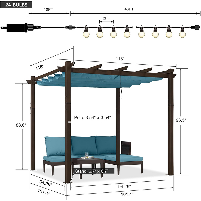 PURPLE LEAF Pergola Outdoor Retractable Metal Pergola with Canopy Patio Pergola with Shade Cover for Garden With Lights