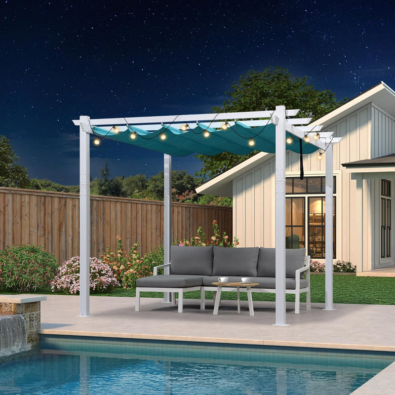 PURPLE LEAF Outdoor Retractable Pergola with Sun Shade Canopy Cover White Patio Metal Shelter for Garden With Lights