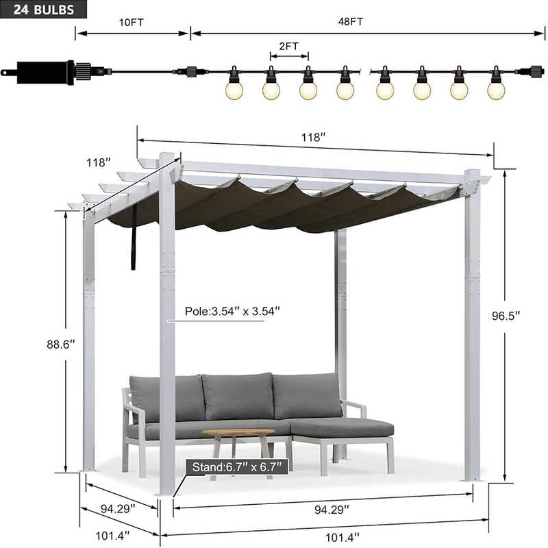 PURPLE LEAF Outdoor Retractable Pergola with Sun Shade Canopy Cover White Patio Metal Shelter for Garden With Lights