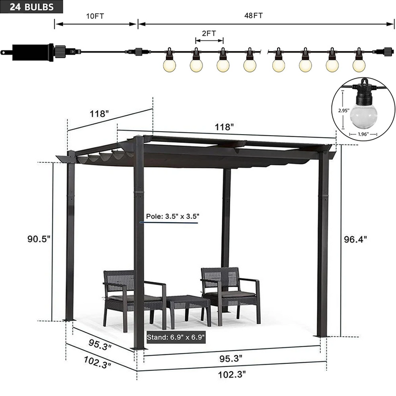 PURPLE LEAF Outdoor Retractable Pergola with Sun Shade Canopy Patio Aluminum Pergola With Lights