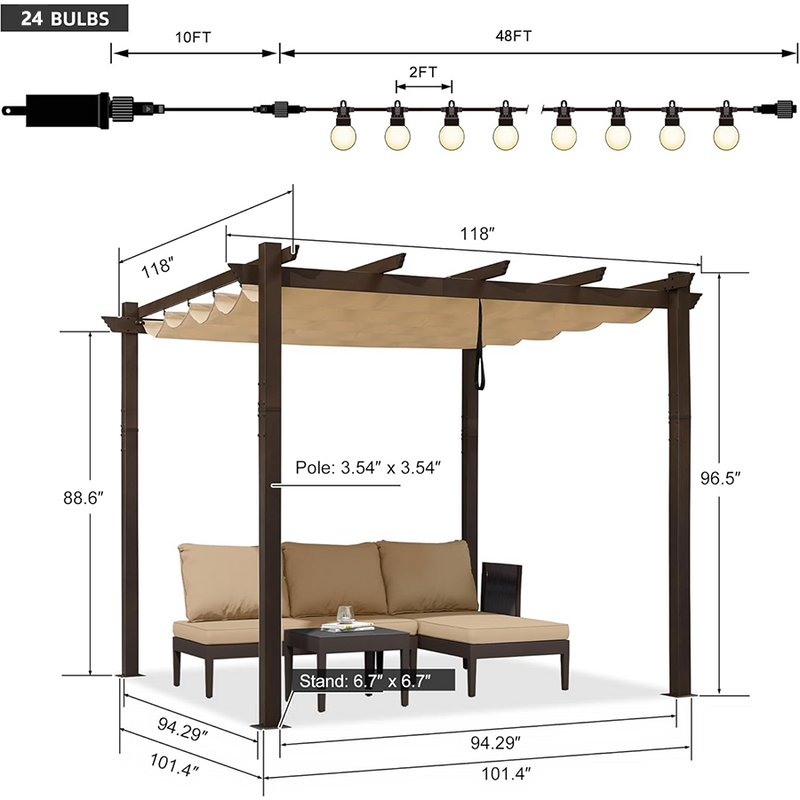 PURPLE LEAF Pergola Outdoor Retractable Metal Pergola with Canopy Patio Pergola with Shade Cover for Garden With Lights