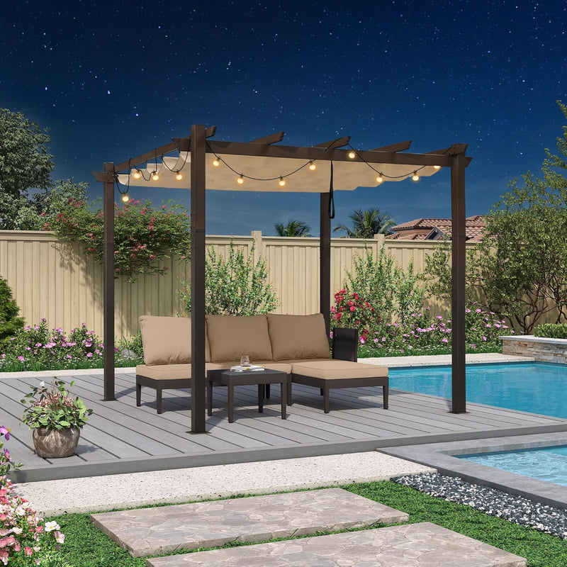 PURPLE LEAF Bronze Pergola Outdoor Retractable Metal Pergola with Canopy with Shade Cover With Curtains