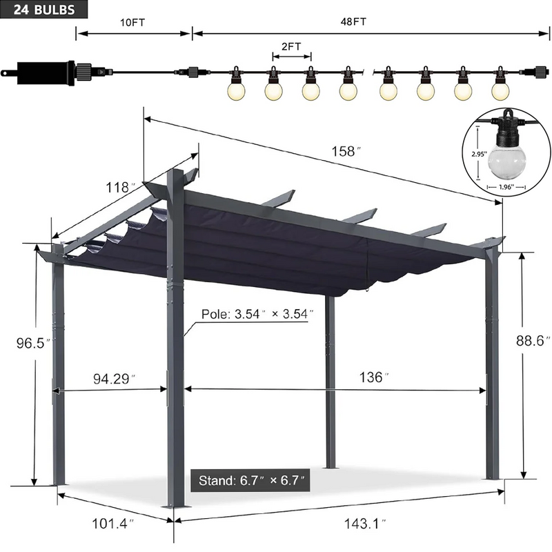 PURPLE LEAF Patio Retractable Pergola with Shade Canopy Modern Grill Gazebo Metal Shelter Pavilion for Porch Deck Garden Backyard With Lights