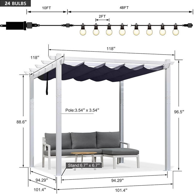 PURPLE LEAF Outdoor Retractable Pergola with Sun Shade Canopy Cover White Patio Metal Shelter for Garden With Lights