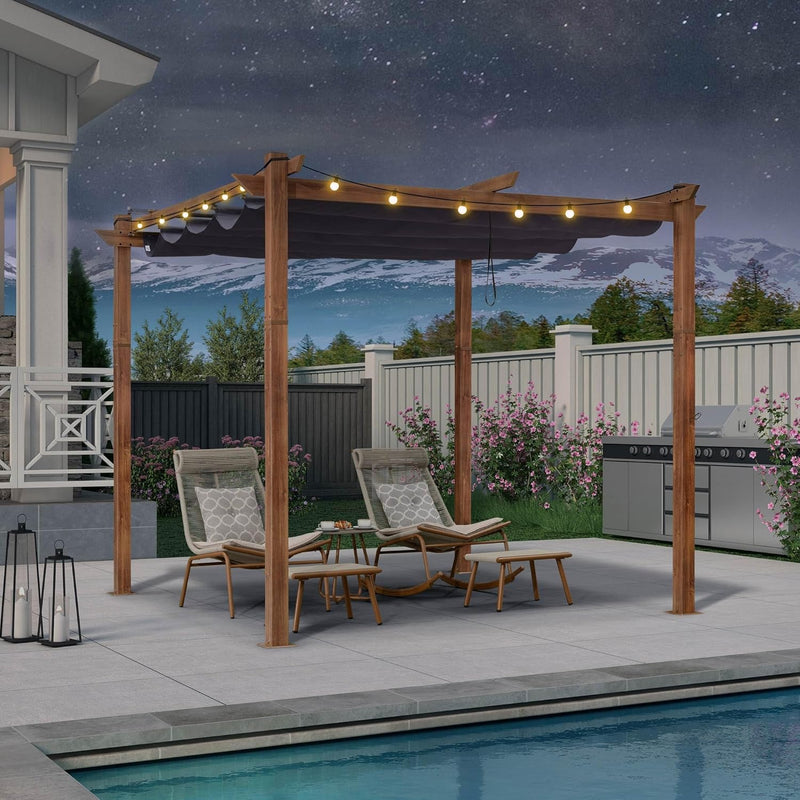 PURPLE LEAF Outdoor Retractable Pergola with Sun Shade Canopy In Natural Wood Grain Frame With Lights