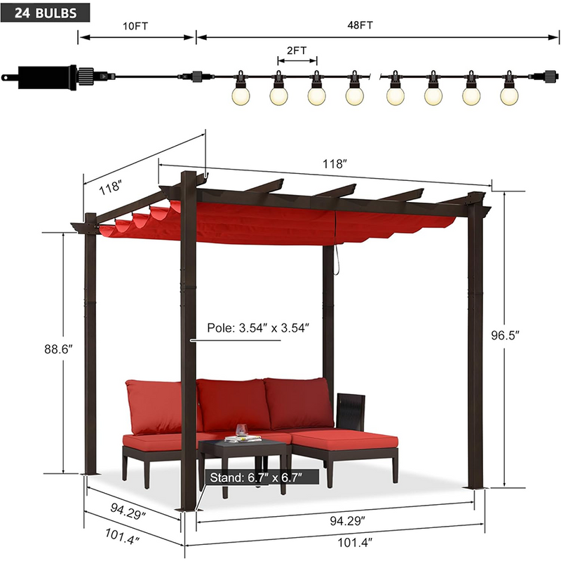 PURPLE LEAF Pergola Outdoor Retractable Metal Pergola with Canopy Patio Pergola with Shade Cover for Garden With Lights