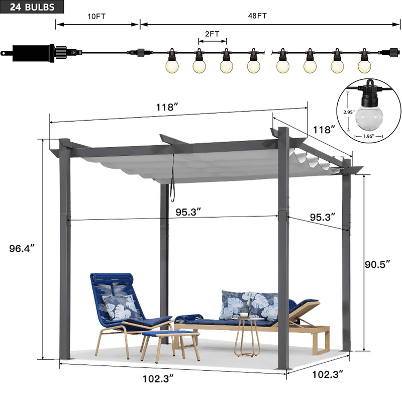 PURPLE LEAF Outdoor Retractable Pergola with Sun Shade Canopy Patio Aluminum Pergola With Lights