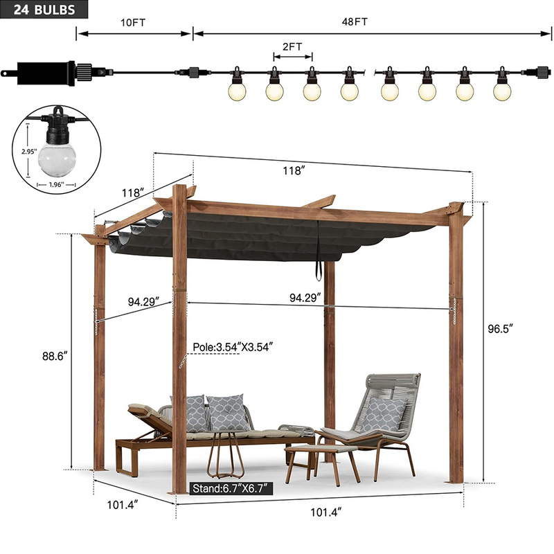 PURPLE LEAF Outdoor Retractable Pergola with Sun Shade Canopy In Natural Wood Grain Frame With Lights