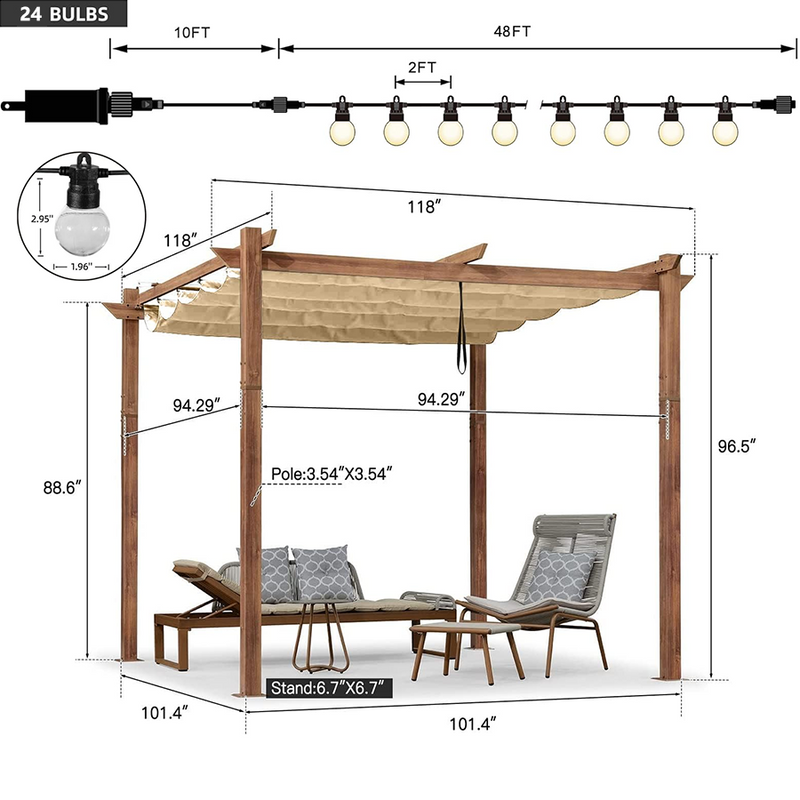 PURPLE LEAF Outdoor Retractable Pergola with Sun Shade Canopy In Natural Wood Grain Frame With Lights