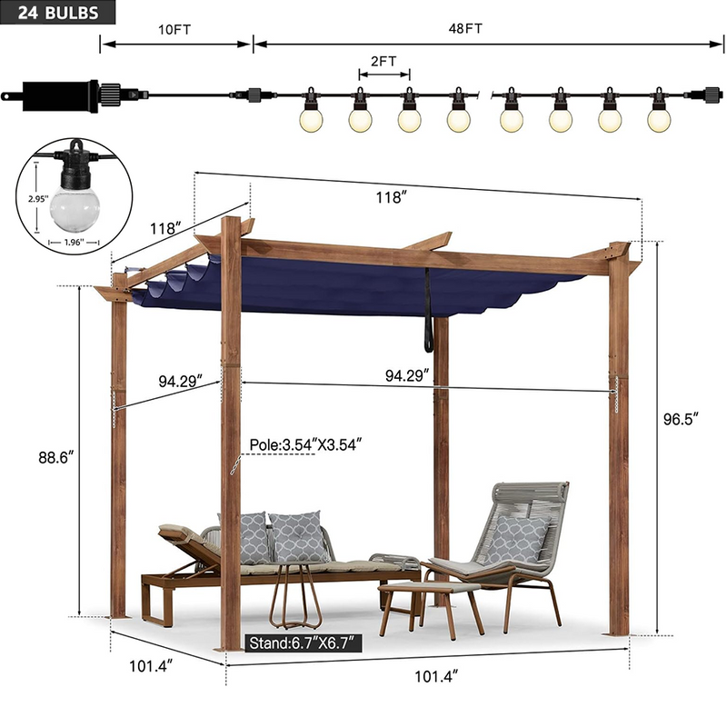 PURPLE LEAF Outdoor Retractable Pergola with Sun Shade Canopy In Natural Wood Grain Frame With Lights