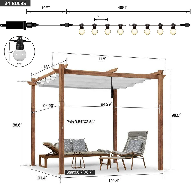 PURPLE LEAF Outdoor Retractable Pergola with Sun Shade Canopy In Natural Wood Grain Frame With Lights