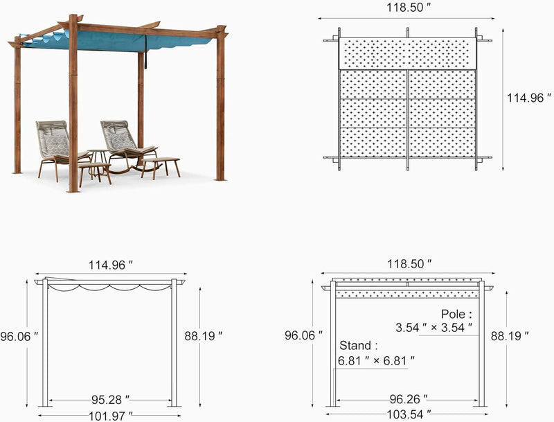 PURPLE LEAF Outdoor Retractable Pergola with Sun Shade Canopy Patio Metal Shelter for Garden Pavilion Natural Wood Grain Frame Grill Gazebo