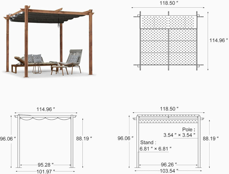 PURPLE LEAF Outdoor Retractable Pergola with Sun Shade Canopy Patio Metal Shelter for Garden Pavilion Natural Wood Grain Frame Grill Gazebo