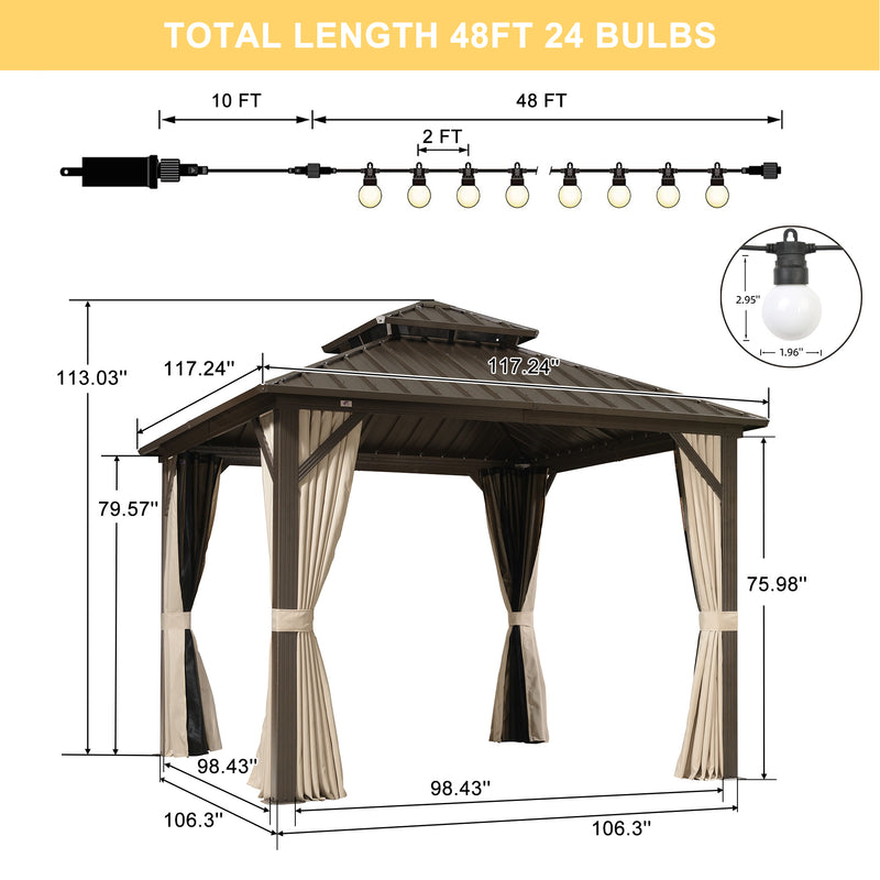 PURPLE LEAF Outdoor Hardtop Gazebo Bronze Metal Frame Galvanized Steel Double Roof with Lights-milky