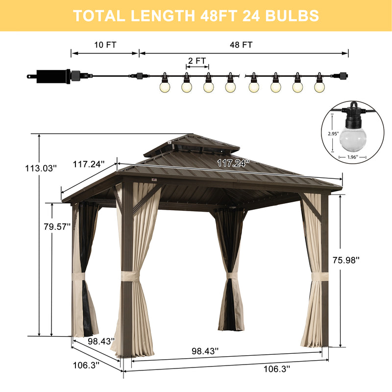 PURPLE LEAF  Outdoor Hardtop Gazebo Bronze Metal Frame Galvanized Steel Double Roof with Lights-clear