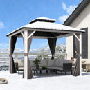 PURPLE LEAF Modern Gazebo Grey Hardtop Galvanized Steel Double Roof White Aluminum Poles with Curtains and Netting