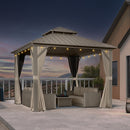 PURPLE LEAF Deck Gazebo Champagne Hardtop Metal Frame Double Roof with Curtains and Netting with Lights-clear