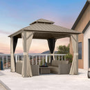 PURPLE LEAF Deck Gazebo Champagne Hardtop Metal Frame Double Roof with Curtains and Netting
