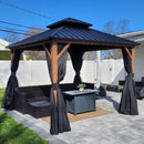 PURPLE LEAF Metal Gazebo Double Roof Wood Grain Aluminum Frame with Curtains and Netting with Lights-milky